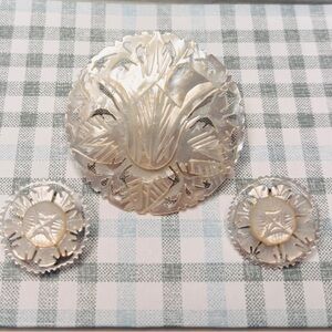 Vintage Carved Mother of Pearl Floral Brooch and Earring Set